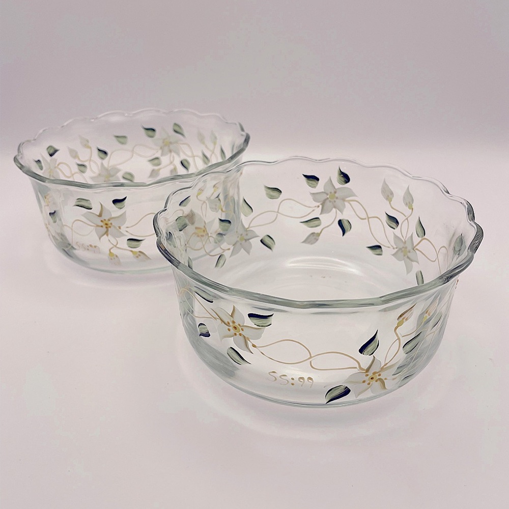 Hand Painted, 2 Clear Glass Bowls with White Flowers, Leaves. Signed/Dated